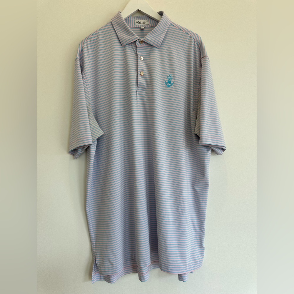Men’s Peter Millar Pink and Blue Stripe Summer Comfort Polo size XL with CC logo